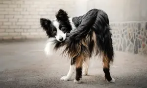 Pies rasy border collie gryzie swój ogon, patrząc w obiektyw.