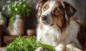 Pies z zaciekawieniem patrzy na pęczek pietruszki i pasternaku. Czy pies może jeść pietruszkę? To pytanie nurtuje wielu właścicieli.