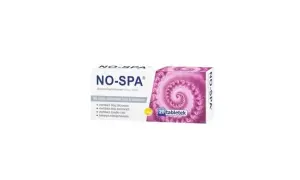 Opakowanie leku No-Spa z tabletkami, z fioletowym wzorem.