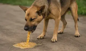 Pies wymiotuje wodą na ziemię. Wygląda na to, że zjadł coś nieodpowiedniego.