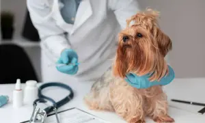 Weterynarz podaje szczepienie na wściekliznę małemu psu rasy Yorkshire Terrier.