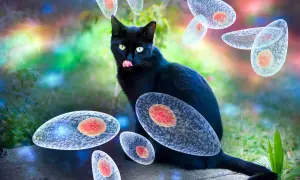 Czarny kot z zielonymi oczami, wokół niego unoszą się pasożyty Toxoplasma gondii. Toksoplazmoza u kota to poważny problem.