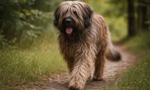 Wesoły owczarek francuski briard z długą, brązową sierścią spaceruje leśną ścieżką, z językiem na wierzchu.