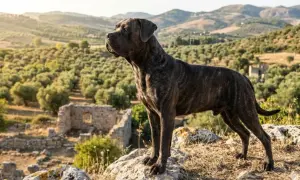 Pies rasy cane corso o pręgowanym umaszczeniu stoi na skale, w tle krajobraz z gajami oliwnymi i ruinami.