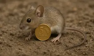 Mysz polna z monetą 5 groszy na ziemi.