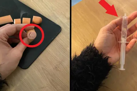 Jak podać psu tabletkę? Pokrojona parówka z wgłębieniem na lek i strzykawka bez igły.