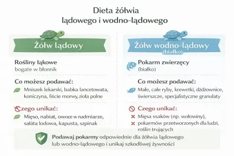 Ilustracja porównująca dietę żółwia lądowego i wodno-lądowego, z listami dozwolonych i zakazanych pokarmów.