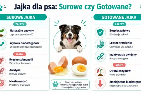 Czy pies może jeść jajko? Grafika porównuje surowe i gotowane jajka dla psów, pokazując ich zalety i wady.
