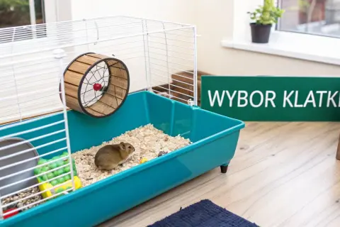 Chomik w klatce z kołowrotkiem i zabawkami na jasnym tle.
