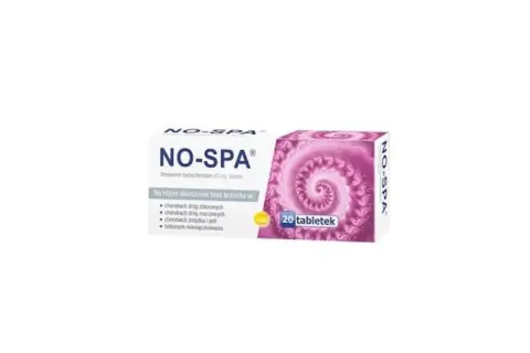 Opakowanie leku No-Spa z tabletkami, z fioletowym wzorem.