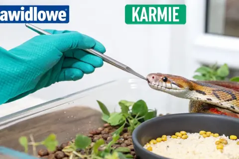 Wąż zbożowy karmiony szczypcami przez rękę w zielonej rękawiczce.
