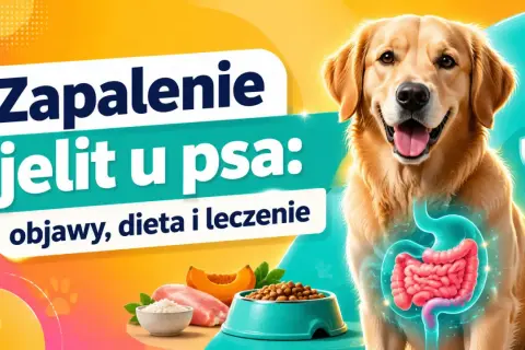 Zapalenie jelit u psa: objawy, dieta i leczenie. Grafika przedstawia psa z widocznym układem pokarmowym, miską karmy i składnikami diety.