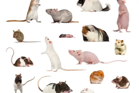 Kolekcja nietypowych gryzoni domowych: myszy, szczury, chomiki, świnki morskie i szynszyle.