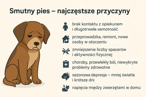 Smutny pies z opuszczonymi uszami. Czy pies może mieć depresję? Obrazek wymienia przyczyny: samotność, zmiany, brak ruchu, choroby, sezonowość, konflikty.