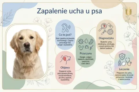 Portret golden retrievera obok infografiki o zapaleniu ucha u psa: objawy, przyczyny, diagnostyka, leczenie.