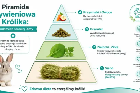 Piramida żywieniowa królika: siano, zielonki, granulat, owoce. Królik z boku.