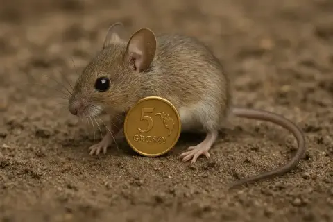 Mysz polna z monetą 5 groszy na ziemi.