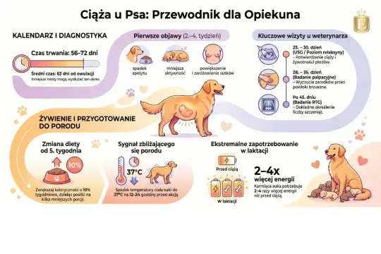Jak rozpoznać czy pies jest w ciąży? Objawy: spadek apetytu, mniejsza aktywność, powiększenie sutków. Wizyty u weterynarza potwierdzą ciążę.