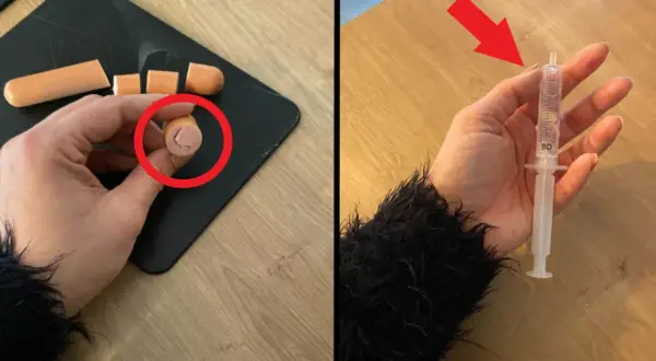 Jak podać psu tabletkę? Pokrojona parówka z wgłębieniem na lek i strzykawka bez igły.