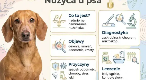 Portret brązowego jamnika na tle grafiki informacyjnej o nużycy u psów.