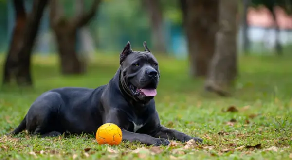 Cane Corso mały leży na trawie obok pomarańczowej piłki, gotowy do zabawy w parku.