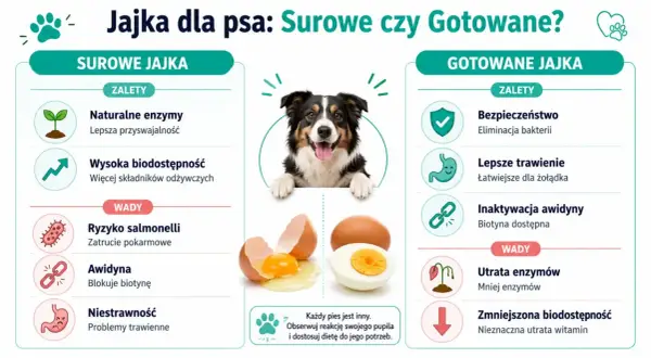 Czy pies może jeść jajko? Grafika porównuje surowe i gotowane jajka dla psów, pokazując ich zalety i wady.