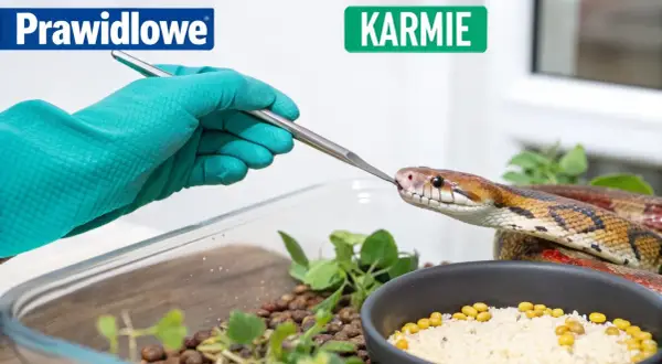 Wąż zbożowy karmiony szczypcami przez rękę w zielonej rękawiczce.