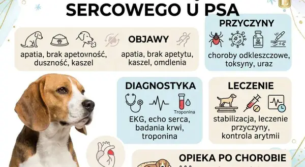Grafika o zapaleniu mięśnia sercowego u psa. Widzimy beagla, objawy, przyczyny, diagnostykę, leczenie i opiekę po chorobie. To ważne, gdzie pies ma serce.
