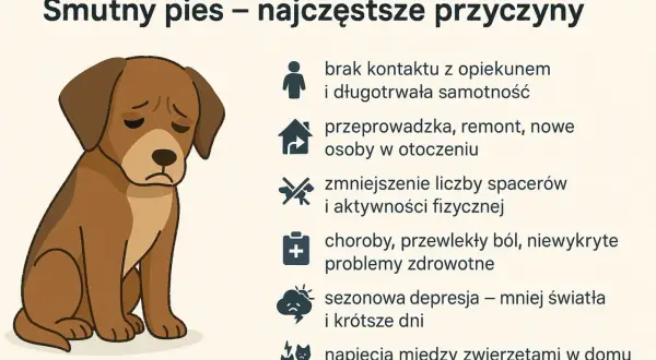 Smutny pies z opuszczonymi uszami. Czy pies może mieć depresję? Obrazek wymienia przyczyny: samotność, zmiany, brak ruchu, choroby, sezonowość, konflikty.