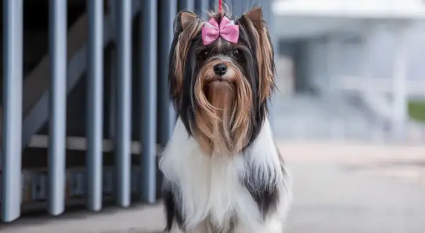 Biewer terrier z różową kokardką na głowie, siedzący przed szarą kratą.