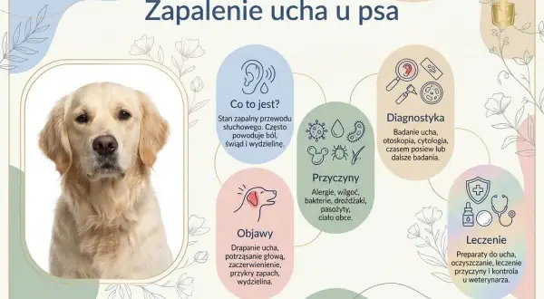 Portret golden retrievera obok infografiki o zapaleniu ucha u psa: objawy, przyczyny, diagnostyka, leczenie.