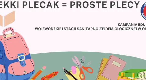 Ilustracja plecaka, przyborów szkolnych i książek.
