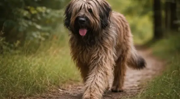 Wesoły owczarek francuski briard z długą, brązową sierścią spaceruje leśną ścieżką, z językiem na wierzchu.