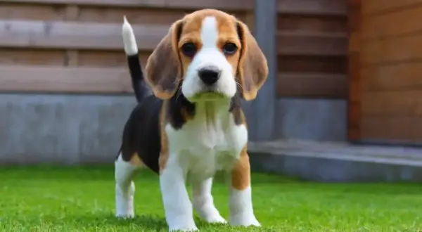 Szczeniak beagle na trawie przed drewnianym płotem.