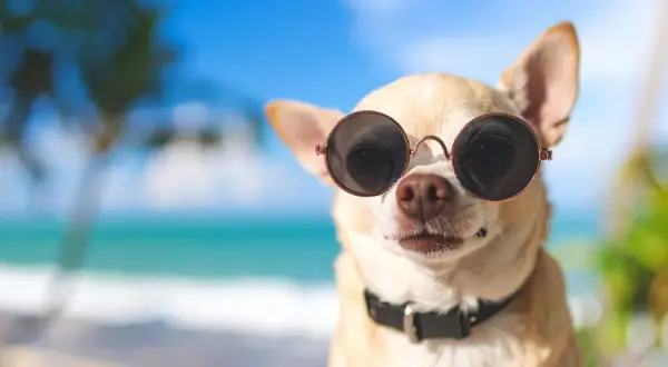 Chihuahua w okularach przeciwsłonecznych na plaży. Zastanawiasz się, gdzie wyrobić paszport dla psa na wakacje?