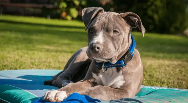 Szczeniak rasy staffordshire bull terrier o niebieskim umaszczeniu leży na kocu na trawie.