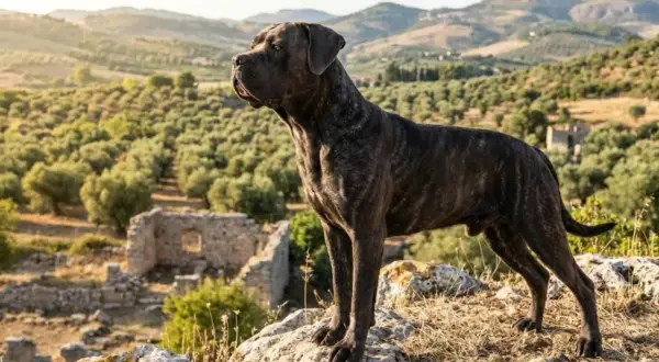 Pies rasy cane corso o pręgowanym umaszczeniu stoi na skale, w tle krajobraz z gajami oliwnymi i ruinami.