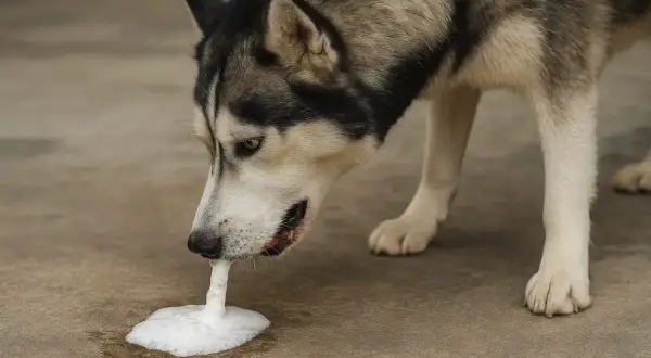 Husky pies wymiotuje pianą. Wygląda na to, że coś mu zaszkodziło.