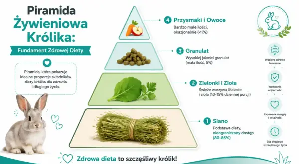Piramida żywieniowa królika: siano, zielonki, granulat, owoce. Królik z boku.