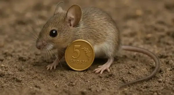 Mysz polna z monetą 5 groszy na ziemi.