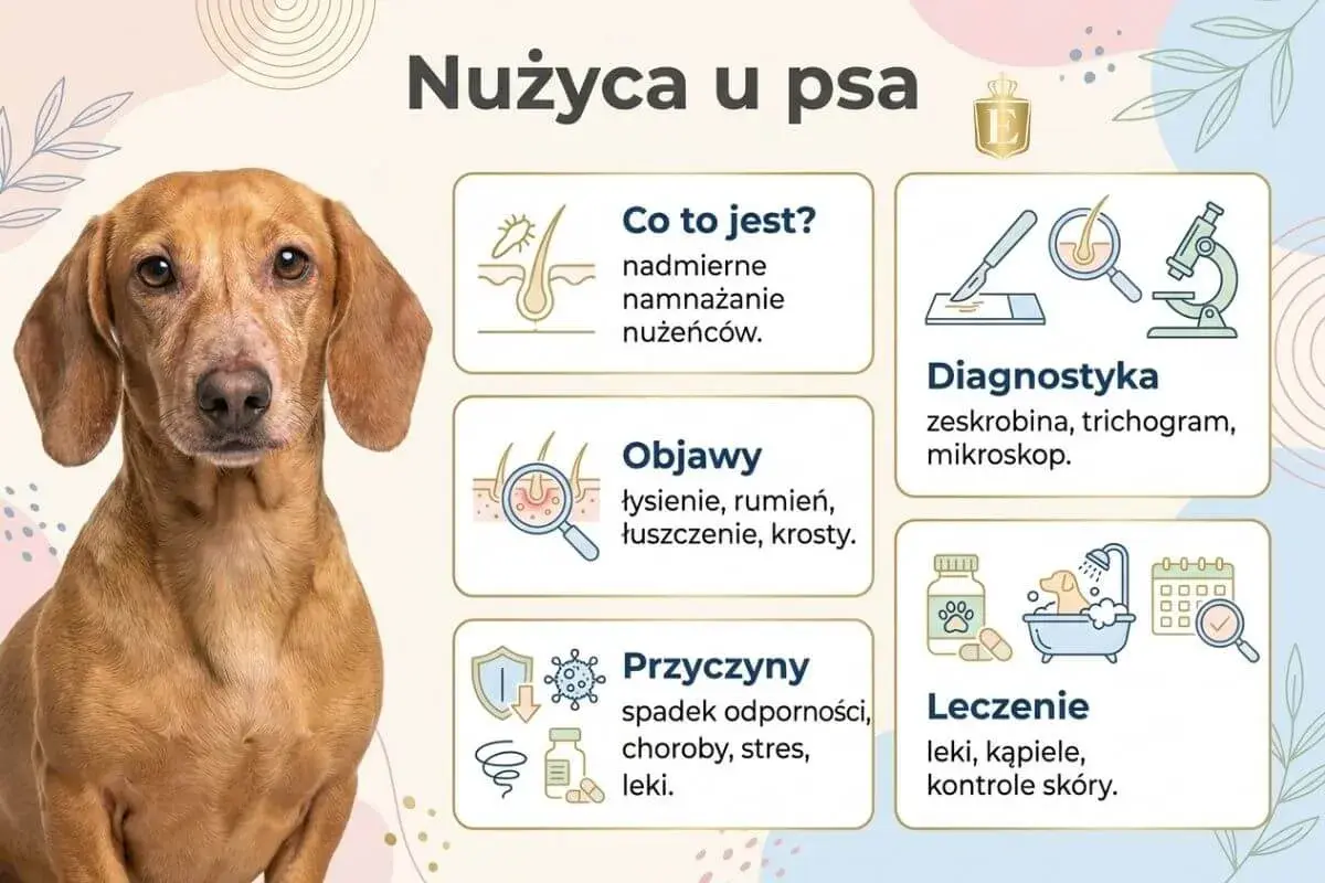 Portret brązowego jamnika na tle grafiki informacyjnej o nużycy u psów.