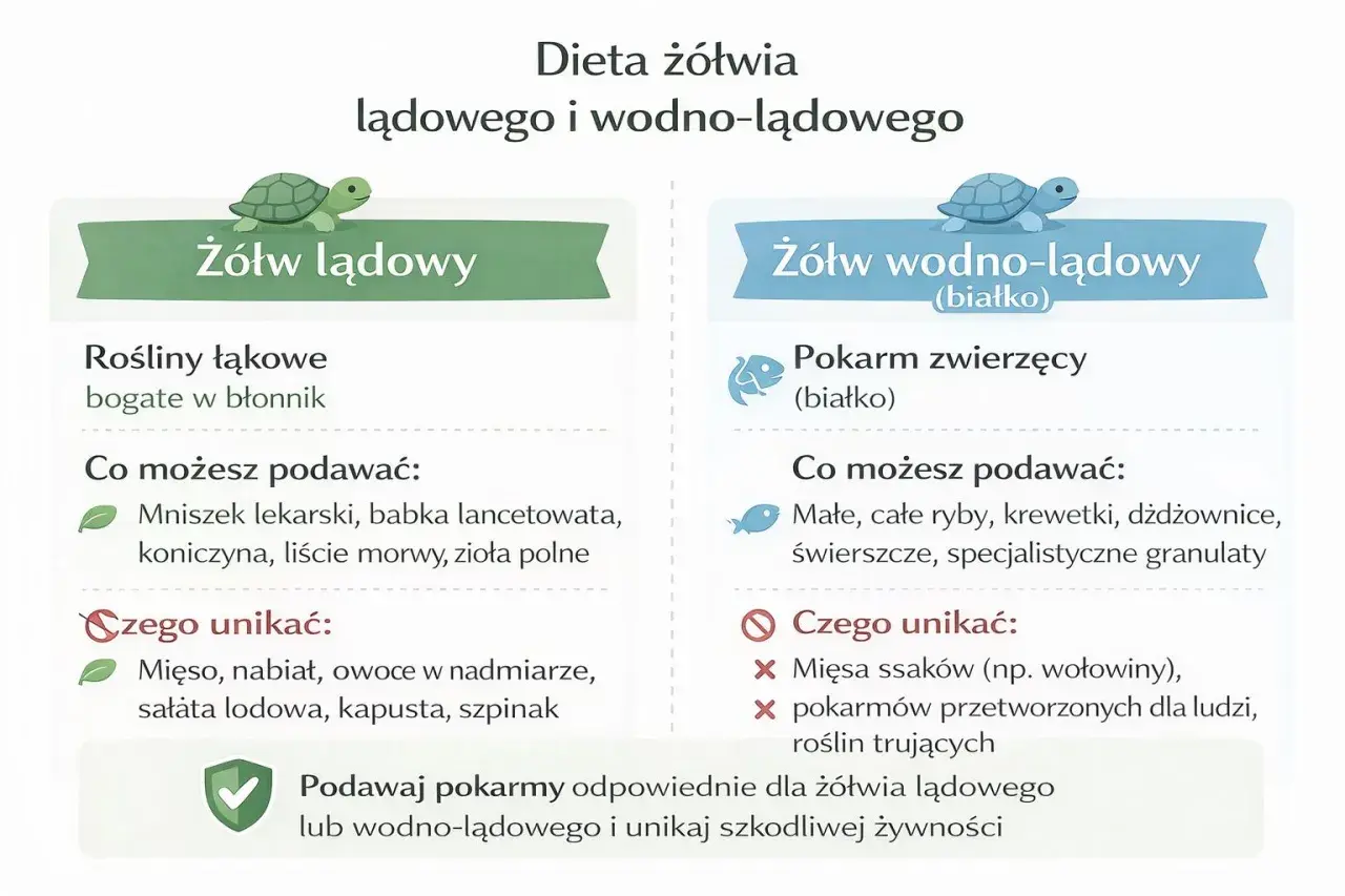 Ilustracja porównująca dietę żółwia lądowego i wodno-lądowego, z listami dozwolonych i zakazanych pokarmów.