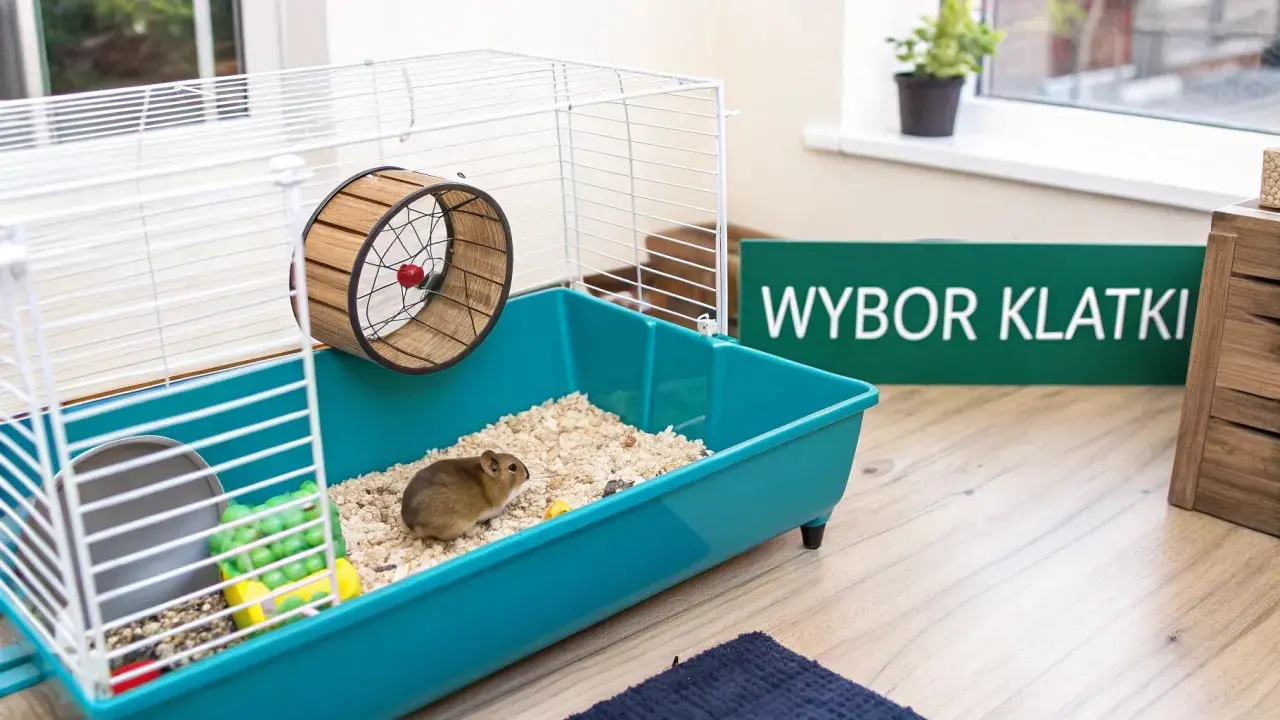 Chomik w klatce z kołowrotkiem i zabawkami na jasnym tle.