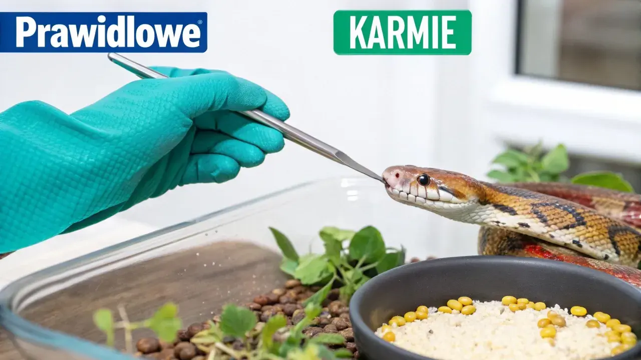 Wąż zbożowy karmiony szczypcami przez rękę w zielonej rękawiczce.