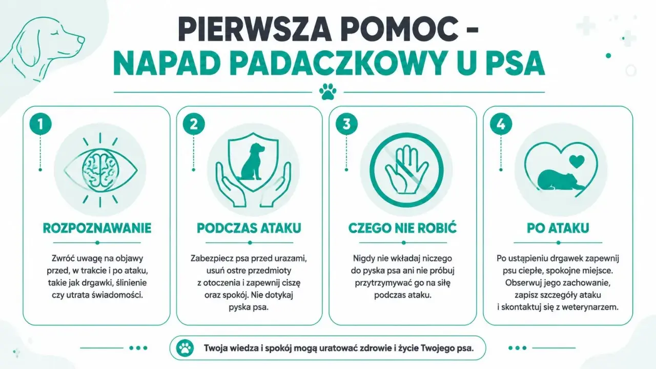 Pierwsza pomoc w napadzie padaczkowym u psa: rozpoznawanie, co robić podczas ataku, czego nie robić i postępowanie po ataku. Twoja wiedza uratuje życie.