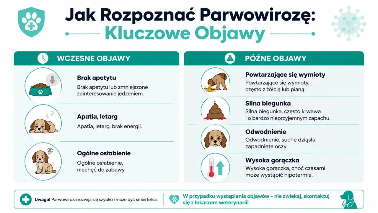 Objawy parwowirozy u psa: brak apetytu, apatia, wymioty, biegunka, odwodnienie, gorączka. Szybka reakcja jest kluczowa.