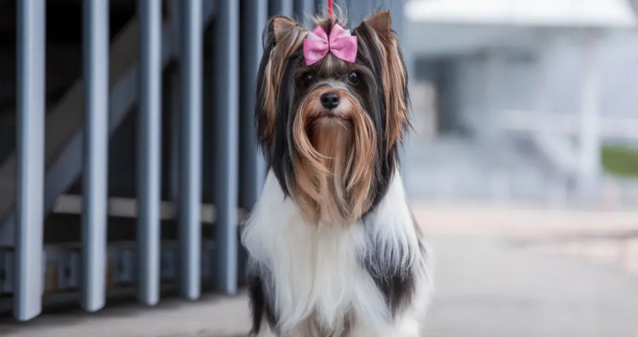 Biewer terrier z różową kokardką na głowie, siedzący przed szarą kratą.