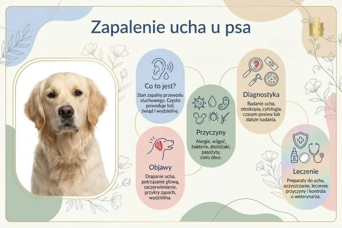 Portret golden retrievera obok infografiki o zapaleniu ucha u psa: objawy, przyczyny, diagnostyka, leczenie.