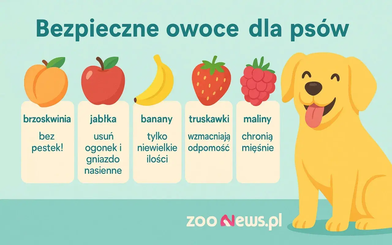 Jakie owoce może jeść pies? Brzoskwinie bez pestek, jabłka (bez gniazd nasiennych), banany (w małych ilościach), truskawki i maliny.