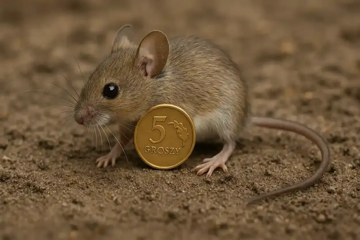Mysz polna z monetą 5 groszy na ziemi.